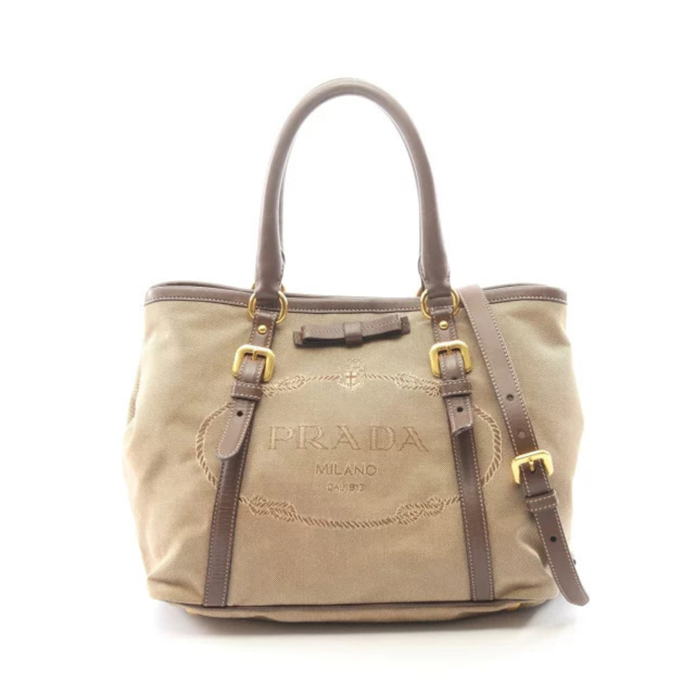 Prada JACQUARD Tote Bag Canvas Leather Beige Cream Brown